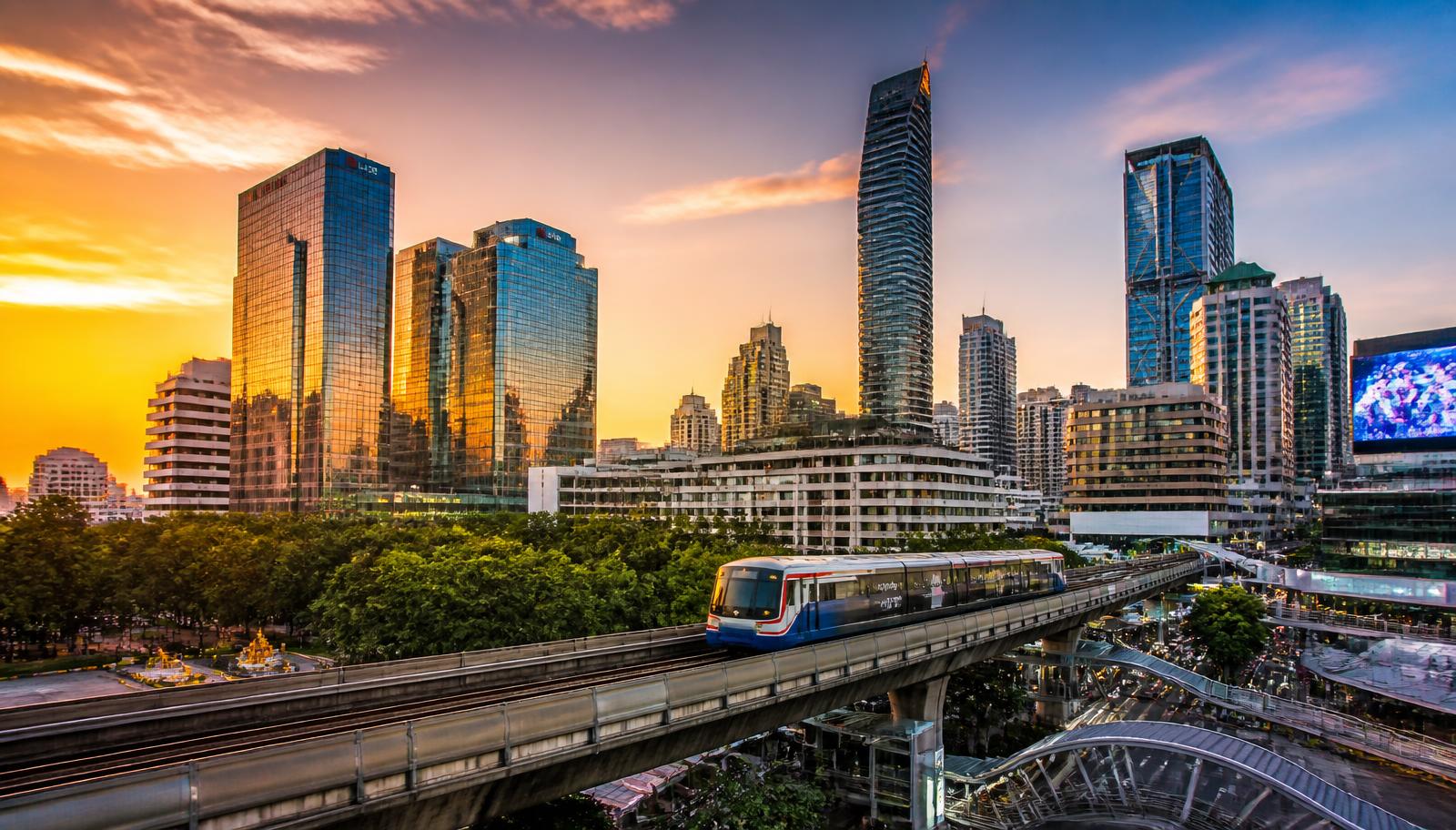 Bangkok business district skyline at golden hour