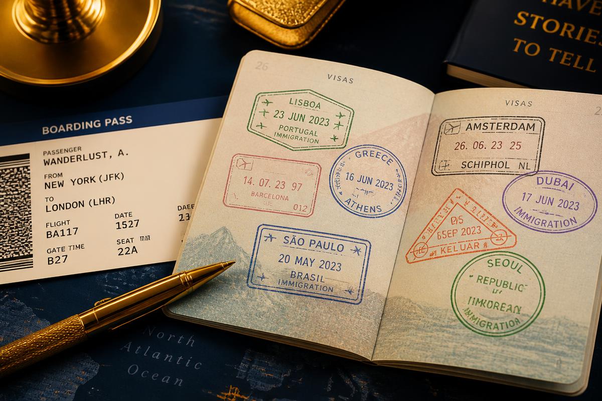 Passport with visa stamps and boarding pass